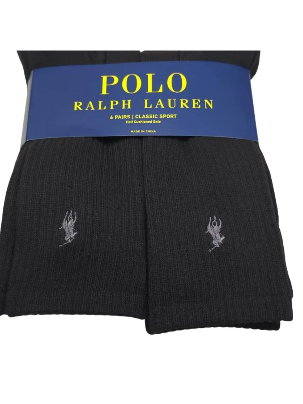 Polo Ralph Lauren Classic Sport Crew Socks 6 Pairs Black Half Cushioned Sz 10-13